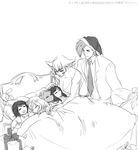  1boy 5girls bed christmas family gift harime_nui hat hououmaru_rei kill_la_kill kiryuuin_ragyou kiryuuin_satsuki matoi_isshin matoi_ryuuko monochrome multiple_girls petting pixiv_manga_sample santa_hat shared_blanket sketch sleeping spoilers what_if 