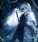  adapted_costume alternate_costume ascot bad_id bad_pixiv_id black_hairband bow covering_one_eye daimaou_ruaeru dress eyepatch frills glowing glowing_eye hairband hitodama katana konpaku_youmu konpaku_youmu_(ghost) layered_dress light_particles lips long_sleeves looking_at_viewer open_mouth partially_submerged puffy_sleeves red_eyes short_hair silver_hair solo sword torii touhou vest water weapon 