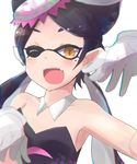  aori_(splatoon) black_hair chromatic_aberration fang highres kuromu_(underporno) leotard long_hair low_twintails one_eye_closed open_mouth pointy_ears smile solo splatoon_(series) splatoon_1 twintails upper_body yellow_eyes 