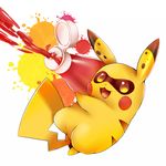  artist_request bad_id bad_pixiv_id company_connection condiment domino_mask firing gen_1_pokemon highres ketchup mask no_humans open_mouth paint_splatter parody pikachu pokemon pokemon_(creature) smile solo splatoon_(series) splatoon_1 white_background 