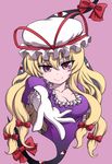  blonde_hair bow breasts cleavage dress elbow_gloves eyes gap gloves hair_bow hair_ornament hanya_(hanya_yashiki) hat hat_ribbon highres lips long_hair looking_at_viewer medium_breasts mob_cap outstretched_arm pink_background puffy_sleeves purple_dress purple_eyes ribbon short_sleeves simple_background smile solo touhou upper_body white_gloves yakumo_yukari 