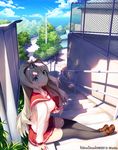  2015 artist_name bangs black_legwear blonde_hair blue_eyes blush chain-link_fence cloud day fence hairband highres kaho_okashii kusugawa_sasara loafers long_hair looking_at_viewer ocean outdoors pleated_skirt school_uniform serafuku shadow shoes sidelocks sitting skirt sky smile solo stairs telephone_pole thighhighs to_heart_2 tree 