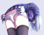  1girl ass bangs bent_over black_legwear blunt_bangs breasts closed_mouth clothes_writing from_behind girls_frontline gloves grey_background hk416_(girls_frontline) iron_cross jacket katuo1129 long_hair medium_breasts panties panty_pull plaid plaid_skirt pleated_skirt silver_hair simple_background skirt solo thighhighs underwear very_long_hair white_panties 