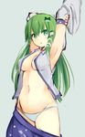  arm_up armpits blush breasts cowboy_shot detached_sleeves frog_hair_ornament green_eyes green_hair grey_background hair_ornament highres irohasu kochiya_sanae long_hair looking_at_viewer medium_breasts navel no_bra open_clothes open_mouth open_shirt panties shirt simple_background skirt skirt_pull snake_hair_ornament solo stomach stretch touhou underwear white_panties 