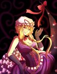  adapted_costume alternate_costume azumi-kun black_background black_gloves blonde_hair bow breasts choker cleavage corset dress elbow_gloves eyes frills gap gloves grin hair_bow hair_ornament hat hat_ribbon large_breasts looking_at_viewer mob_cap purple_dress purple_eyes ribbon ribbon_choker simple_background sleeveless smile solo touhou yakumo_yukari 