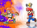  1girl :o artist_name bike_shorts blue_eyes brown_hair chasing crossover dated f.l.u.d.d. facial_hair gloves hai_to_hickory hat highres ink_tank_(splatoon) inkling mario mario_(series) mustache nintendo open_mouth orange_eyes orange_hair overalls paint_splatter reflective_floor shoes short_sleeves splatoon_(series) splatoon_1 squid super_mario_bros. super_mario_sunshine super_soaker tentacle_hair water_gun white_gloves 