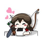  ^_^ akagi_(kantai_collection) bow_(weapon) brown_hair closed_eyes commentary_request food_in_mouth gloves heart japanese_clothes kantai_collection kingguyver long_hair partly_fingerless_gloves quiver short_sleeves solo weapon yugake 
