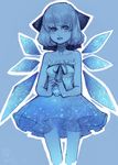  1girl 2013 alternate_costume artist_name blue bow cirno dated dress hair_bow ice ice_wings monochrome nemo_(leafnight) open_mouth short_hair simple_background solo touhou wings 