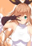  anza_tomo bad_id bad_pixiv_id blonde_hair breasts clarisse_(granblue_fantasy) gloves granblue_fantasy green_eyes hair_ribbon long_hair medium_breasts one_eye_closed ribbon sleeveless solo v v_over_eye 