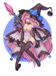  bangs big_hair black_gloves black_legwear blue_eyes blunt_bangs breasts cape elbow_gloves gloves hat highres large_breasts leotard long_hair nemo_(leafnight) nipples purple_hair rocket_launcher rpg thighhighs very_long_hair weapon witch witch_hat 