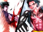  abs black_hair dressrosa fight glare gradient gradient_background injury male_focus monkey_d_luffy multiple_boys one_piece scar trafalgar_law 