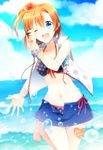  ;d barefoot bikini blue_eyes blue_sky bracelet cloud collarbone day flower hair_flower hair_ornament hibiscus highres jewelry konase_(non_stop!) kousaka_honoka looking_at_viewer love_live! love_live!_school_idol_project navel one_eye_closed one_side_up open_mouth orange_hair outdoors outstretched_hand sky smile solo star star_print swimsuit water 