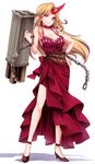  alternate_costume blonde_hair breasts chain cleavage cropped cuffs dress frilled_dress frills full_body hand_on_hip high_heels highres horn hoshiguma_yuugi large_breasts layered_dress long_hair looking_at_viewer moneti_(daifuku) red_dress red_eyes ribbon rocket_launcher scan scan_artifacts shadow simple_background sleeveless smirk solo standing star touhou weapon white_background 