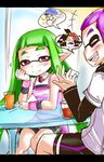  1girl bike_shorts blush cameo casual chin_rest choker closed_eyes commander_atarime cup domino_mask drinking_glass green_hair hat inkling mask octarian octotrooper peaked_cap pink_eyes pointy_ears purple_hair shirotake_jinan sketch smile speech_bubble splatoon_(series) splatoon_1 table tentacle_hair tentacles wrist_cuffs 