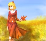  adapted_costume aki_shizuha alternate_costume blonde_hair blue_sky day hater_(hatater) leaf leaf_on_head long_sleeves looking_away maple_leaf nature non-web_source shirt short_hair skirt skirt_set sky solo touhou vest yellow_eyes 