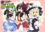  ;d black_hair blonde_hair blush bow braid brown_eyes cat_paws detached_sleeves frog_hair_ornament gameplay_mechanics gloves green_eyes green_hair hair_bow hair_ornament hair_tubes hakurei_reimu hat hat_bow idolmaster idolmaster_(classic) idolmaster_2 kemonomimi_mode kirisame_marisa kochiya_sanae leon_(mikiri_hassha) long_hair multiple_girls navel one_eye_closed open_mouth paw_gloves paws ponytail pun single_braid skirt smile sweatdrop touhou white_bow witch_hat yellow_eyes 