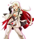  ahoge albino ankh arm_strap bad_id bad_twitter_id bangs belt black_gloves blush bodysuit breasts buckle candy center_opening cleavage commentary contrapposto cowboy_shot food gloves guilty_gear guilty_gear_xrd hair_between_eyes halftone heart heart-shaped_pupils high_collar holding jack-o'_valentine jewelry legs_apart lollipop long_hair long_sleeves looking_at_viewer loose_belt mask mask_removed medium_breasts mizuyami mouth_hold multicolored_hair navel necklace no_bra pendant pink_eyes red_gloves red_hair shadow side_slit solo standing strap studded_belt symbol-shaped_pupils two-tone_hair white_hair wide_sleeves 
