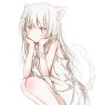  animal_ears arm_support backlighting bare_arms bare_shoulders blonde_hair blush bracelet cat_ears cat_tail commentary dress heart hiro_(hirohiro31) jewelry long_hair original pink_eyes silver_hair sitting sleeveless sleeveless_dress solo tail very_long_hair white_dress 