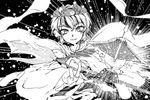  bishamonten's_pagoda commentary greyscale hair_ornament highres jewelry light_rays monochrome multicolored_hair polearm ring shawl short_hair spear sunatoshi thumb_ring toramaru_shou touhou two-tone_hair weapon wide_sleeves 