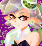  bad_id bad_pixiv_id detached_collar domino_mask dress earrings gloves hand_on_own_face hotaru_(splatoon) jewelry looking_away lowres mask mole mole_under_eye orange_eyes pointy_ears short_hair silver_hair smile solo splatoon_(series) splatoon_1 squid strapless strapless_dress wagahaihapan white_gloves 