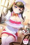  :o absurdres blue_eyes breast_rest breasts breasts_on_tray brown_hair carried_breast_rest cleavage curtains haruse_hiroki highres large_breasts maid_headdress panties pantyshot pantyshot_(sitting) parfait sitting table thighhighs tray underwear waitress white_legwear white_panties 