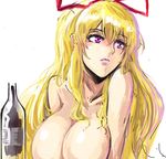  alcohol bangs blonde_hair breasts collarbone ears expressionless hair_ribbon koissa large_breasts lipstick long_hair looking_to_the_side makeup nose nude pink_lipstick purple_eyes ribbon shiny shiny_hair simple_background sketch solo touhou upper_body very_long_hair whiskey white_background yakumo_yukari 