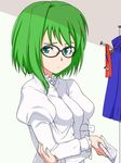  bad_id bad_pixiv_id bespectacled breasts cocked_eyebrow commentary_request dressing glasses green_eyes green_hair hand_on_own_elbow juliet_sleeves long_sleeves looking_at_viewer puffy_sleeves shiki_eiki shy small_breasts solo tenpura_(tenpura621) touhou 