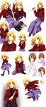  blonde_hair collage crossdressing full_body highres jacket kara_no_kyoukai knife male_focus neme otoko_no_ko red_eyes red_jacket shirazumi_lio shirazumi_lio_(young) smile solo 