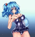  blue_eyes blue_hair breasts frilled_swimsuit frills hair_bobbles hair_ornament highres kawashiro_nitori key large_breasts moura_(kenyuugetu) one-piece_swimsuit shiny shiny_clothes solo swimsuit touhou two_side_up wet wet_clothes 