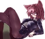  animal_ears ass backlighting black_legwear black_skirt brown_eyes brown_hair crossed_legs formal futatsuiwa_mamizou glasses long_sleeves looking_at_viewer lying miniskirt moura_(kenyuugetu) on_back pantyhose pince-nez raccoon_ears raccoon_tail shiny shiny_hair short_hair side_slit skirt solo suit tail thighs touhou white_background 