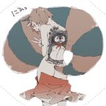  animal_ears asahi_(uwa) ass back_tattoo brown_eyes brown_hair cowboy_shot from_behind futatsuiwa_mamizou glasses grin hand_on_own_arm looking_back nude raccoon_ears raccoon_tail skirt skirt_pull smile solo speech_bubble tail tanuki tattoo touhou v white_background 