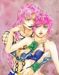  1girl arms_around_waist blood blue_eyes bra diavolo father_and_daughter fishnets hand_on_another's_neck jojo_no_kimyou_na_bouken lipstick lo_lis makeup pink_hair pink_lipstick scratching strap tattoo traditional_media trish_una underwear watercolor_(medium) wristband 