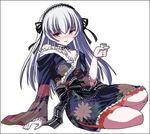  bare_shoulders blush breasts drunk female hair_between_eyes hair_ornament japanese_clothes kimono long_hair open_mouth red_eyes rozen_maiden silver_hair sitting solo solo_focus suigintou tongue white_background 