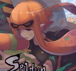  black_shirt copyright_name domino_mask dyson_(edaokunnsaikouya) holding humanization inkling long_hair mask mask_on_head mask_removed monster_girl open_mouth orange_eyes orange_hair paint pointy_ears shirt short_sleeves sidelocks solo splatoon_(series) splatoon_1 splattershot_(splatoon) super_soaker tentacle_hair typo upper_body 