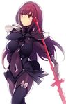  :/ armor bad_id bad_twitter_id bangs bodysuit breasts covered_navel cowboy_shot fate/grand_order fate_(series) gloves hair_intakes heart holding holding_weapon large_breasts long_hair looking_to_the_side mckeee pauldrons pink_eyes polearm purple_bodysuit purple_hair scathach_(fate)_(all) scathach_(fate/grand_order) showgirl_skirt simple_background solo spear very_long_hair weapon white_background 