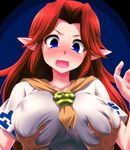  blue_eyes blush breast_grab breasts covered_nipples cremia deep_skin grabbing highres huge_breasts long_hair open_mouth pointy_ears red_hair revision solo_focus the_legend_of_zelda the_legend_of_zelda:_majora's_mask upper_body watarui 