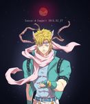  bad_id bad_pixiv_id blonde_hair bubble caesar_anthonio_zeppeli character_name dated facial_mark feathers fingerless_gloves gloves green_jacket hair_feathers headband jacket jojo_no_kimyou_na_bouken kamu_(simp3) male_focus pink_scarf ribbon scarf snowing solo 
