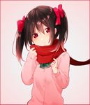  black_hair blush border bow hair_bow kapipara_pippi looking_at_viewer love_live! love_live!_school_idol_project pink_background red_border red_eyes scarf solo twintails yazawa_nico 