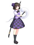  alternate_color blush bow brown_footwear brown_hair checkered checkered_skirt color_switch commentary_request cosplay full_body hairband himekaidou_hatate himekaidou_hatate_(cosplay) isaki_(gomi) kneehighs konpaku_youmu konpaku_youmu_(ghost) multiple_swords player_2 puffy_short_sleeves puffy_sleeves purple_eyes purple_hairband sheath sheathed shoes short_hair short_sleeves simple_background skirt solo touhou vest white_background 