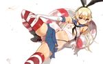  blonde_hair blue_eyes blue_skirt elbow_gloves gloves hairband kantai_collection long_hair navel shimakaze_(kantai_collection) skirt solo striped striped_legwear thighhighs white_gloves yang-do 