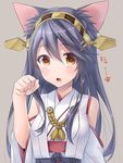  animal_ears bare_shoulders black_hair blush brown_eyes cat_ears detached_sleeves fang hairband hand_up haruna_(kantai_collection) headgear ichimatsu_nana japanese_clothes kantai_collection kemonomimi_mode kimono long_hair looking_at_viewer open_mouth parted_lips paw_pose solo tassel 
