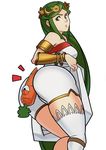 ass bare_shoulders between_buttocks breasts carrot from_behind green_eyes green_hair highres kid_icarus long_hair looking_back looking_down md5_mismatch medium_breasts palutena sexually_suggestive simple_background single_thighhigh solo splashbrush thighhighs thighs very_long_hair white_background white_legwear 