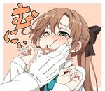  admiral_(kantai_collection) akigumo_(kantai_collection) akitetsu bad_id bad_twitter_id brown_hair cheek_squash crying crying_with_eyes_open green_eyes hair_ornament hair_ribbon kantai_collection long_hair one_eye_closed ponytail ribbon school_uniform solo_focus streaming_tears teardrop tears 