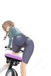  absurdres amane_suzuha ass bent_over bicycle bike_shorts braid breasts brown_hair cameltoe ground_vehicle highres kamitsuki_manmaru long_hair looking_at_viewer looking_back medium_breasts simple_background smile solo steins;gate twin_braids white_background 