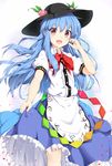  :d blue_hair boushi_(nandemo) bow food frills fruit hat highres hinanawi_tenshi long_hair looking_at_viewer open_mouth peach puffy_short_sleeves puffy_sleeves red_eyes shirt short_sleeves skirt skirt_lift smile solo touhou very_long_hair 