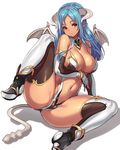  bare_shoulders blue_hair blush boots breasts cameltoe cleavage dark_skin demon_girl demon_horns demon_tail demon_wings detached_collar elbow_gloves fingerless_gloves gloves horns houtengeki large_breasts long_hair looking_at_viewer navel original pointy_ears red_eyes solo spread_legs tail thighhighs wings 
