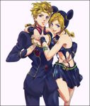  1girl arm_around_neck arm_around_waist bad_id bad_pixiv_id birthmark blonde_hair blue_eyes blue_hair border braid double_bun earrings giorno_giovanna halter_top halterneck jewelry joestar_birthmark jojo_no_kimyou_na_bouken kamu_(simp3) kuujou_jolyne lipstick makeup miniskirt multicolored_hair skirt tattoo two-tone_hair wristband yellow_lipstick 