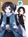  2boys ;3 alternate_hairstyle black_hair blue_eyes bow bridal_gauntlets brown_hair hair_bow hair_brush hair_ribbon haori japanese_clothes kashuu_kiyomitsu male_focus multiple_boys nail_polish one_eye_closed red_eyes ribbon scarf scrunchie sparkle touken_ranbu twintails uguisu_mochi_(ykss35) yamato-no-kami_yasusada 