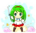  ai-chan_(atytk) ai_to_yuuki_to_kashiwamochi anniversary artist_name blush chibi dated green_hair hairband katana long_hair long_sleeves lowres miniskirt official_art skirt smoke solo star sword thighhighs tsutou weapon zettai_ryouiki 