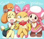  animal_ears blue_eyes blush bow bracelet closed_eyes dog_girl doubutsu_no_mori eromame furry hair_bow holding_hands jewelry mario_(series) multiple_girls necklace no_pupils one_eye_closed shizue_(doubutsu_no_mori) squatting super_mario_bros. tail toadette wendy_o._koopa yuri 